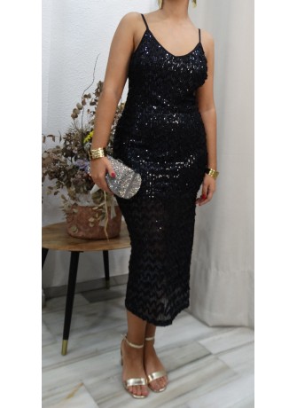 Vestido de Fiesta en Negro Brillante de Tirantes