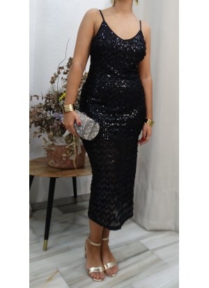 Vestido de Fiesta en Negro Brillante de Tirantes