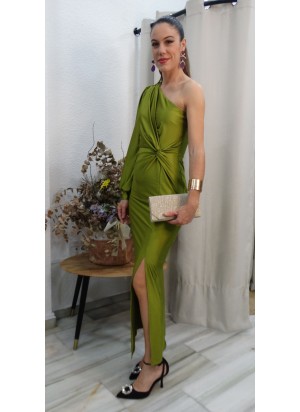 Vestido Largo de Fiesta Satinado Verde Lima con Apertura Lateral con frunce