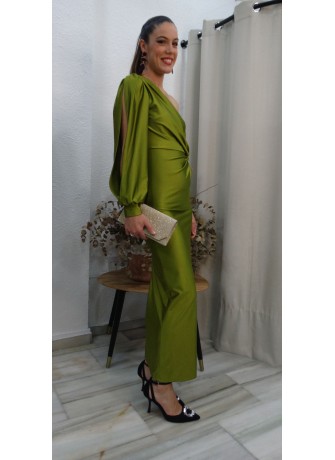Vestido Largo de Fiesta Satinado Verde Lima con Apertura Lateral con frunce