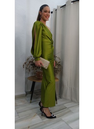 Vestido Largo de Fiesta Satinado Verde Lima con Apertura Lateral con frunce