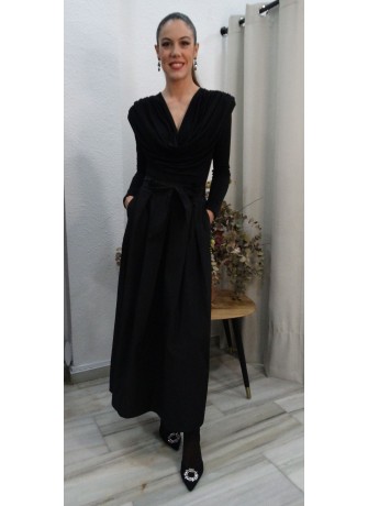 Falda Negra Plisada de Fiesta con Lazada en la Cintura | Elegancia Total