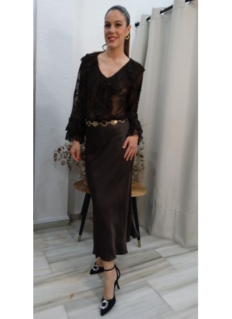 Falda Larga Tipo Slip en Satén Marrón Oscuro