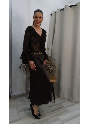 Falda Larga Tipo Slip en Satén Marrón Oscuro