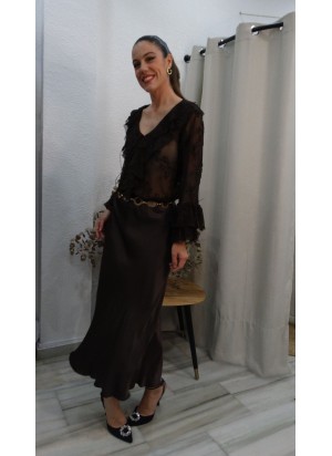 Camisa de Encaje Marrón Semitransparente de Manga Larga | Elegancia y Moda