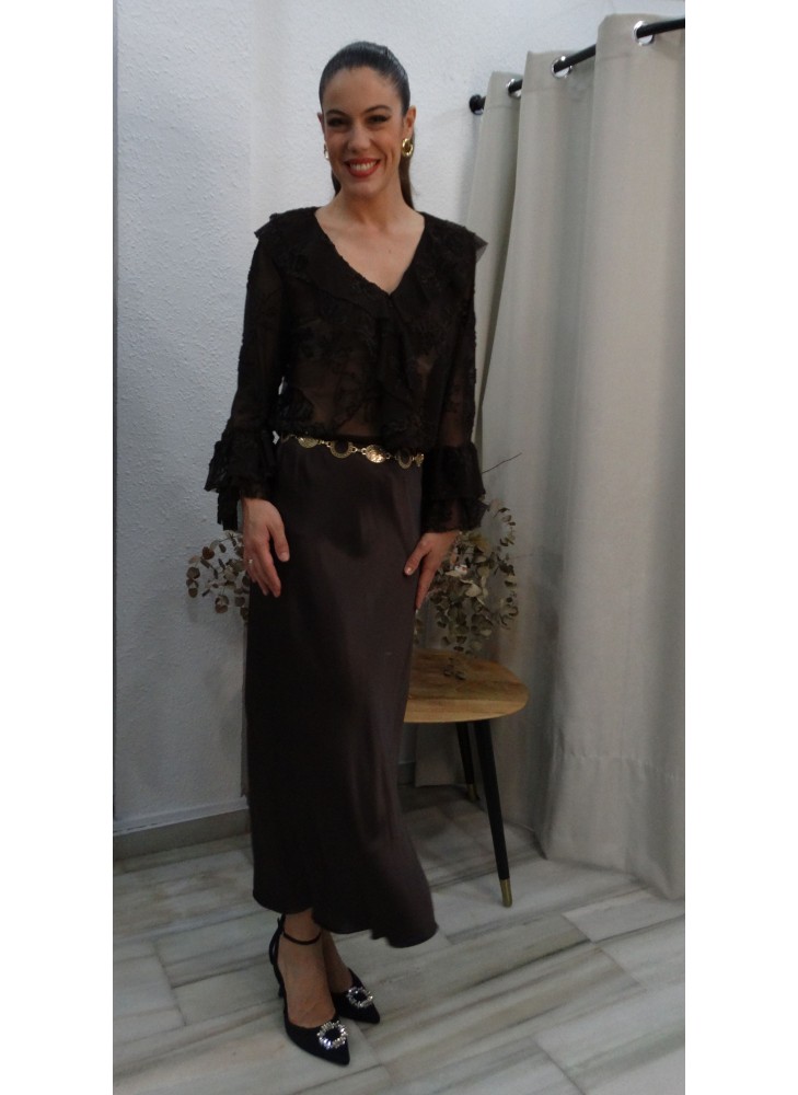 Camisa de Encaje Marrón Semitransparente de Manga Larga | Elegancia y Moda