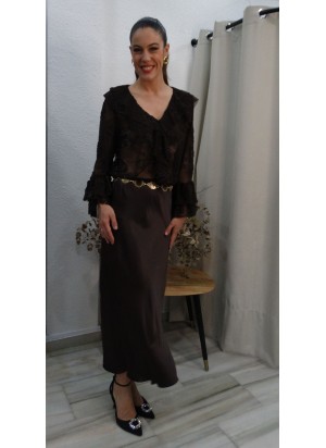 Camisa de Encaje Marrón Semitransparente de Manga Larga | Elegancia y Moda