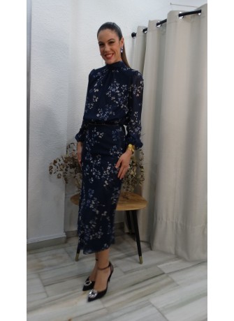 Vestido Midi de Fiesta Azul Marino con Estampado Floral y Manga  Larga