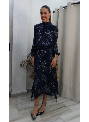 Vestido Midi de Fiesta Azul Marino con Estampado Floral y Manga  Larga