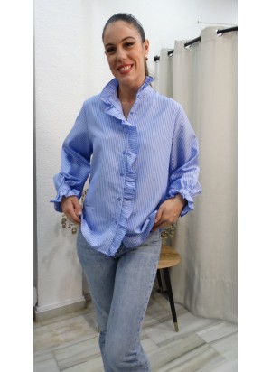 Camisa Rayas Azules con Volantes y Cuello Alzado | Elegancia Casual