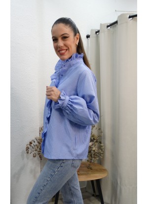 Camisa Rayas Azules con Volantes y Cuello Alzado | Elegancia Casual