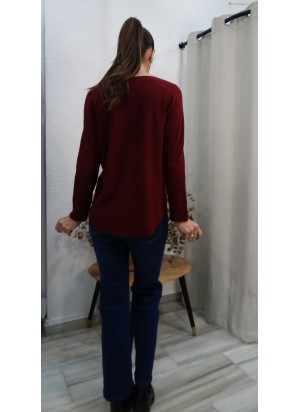 Jersey Burdeos Cuello Pico - Manga Larga Mujer | airemoda.es