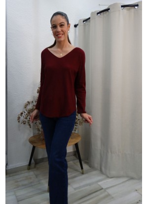Jersey Burdeos Cuello Pico - Manga Larga Mujer | airemoda.es