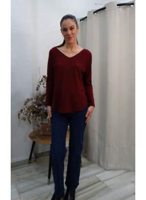 Jersey Burdeos Cuello Pico - Manga Larga Mujer | airemoda.es