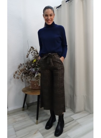 Pantalón Culotte Cuadros Marrón y Tonos Azulones | Estampado Príncipe de Gales Mujer