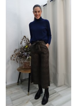 Pantalón Culotte Cuadros Marrón y Tonos Azulones | Estampado Príncipe de Gales Mujer