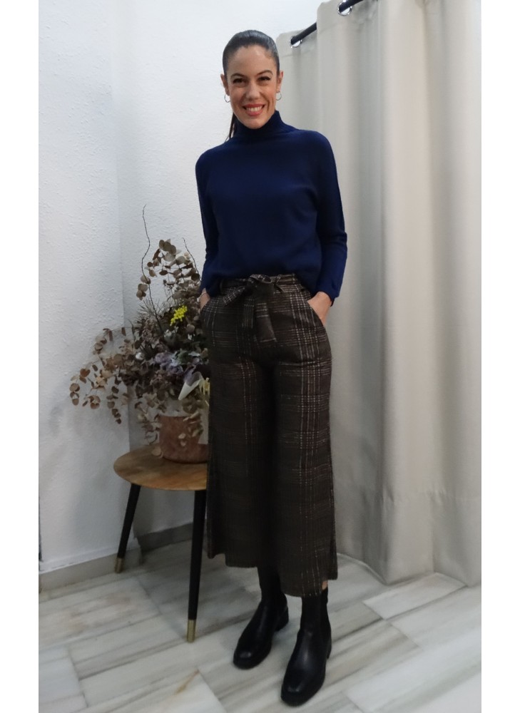 Pantalón Culotte Cuadros Marrón y Tonos Azulones | Estampado Príncipe de Gales Mujer