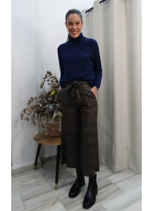 Pantalón Culotte Cuadros Marrón y Tonos Azulones | Estampado Príncipe de Gales Mujer