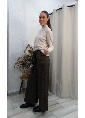 Pantalón Culotte Ancho de Cuadros Marrones para Mujer - Estilo Otoño/Invierno