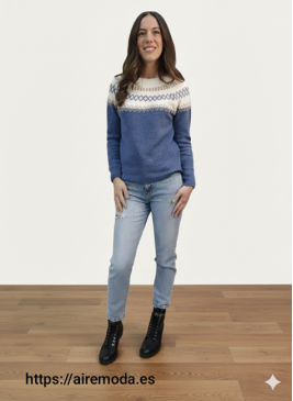 Modelo posando con un jersey de punto azul y estampado geométrico de estilo nórdico blanco, combinado con jeans
