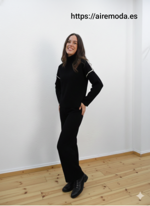 Jersey de Punto Negro de Cuello Perkins con Detalle Blanco | Airemoda