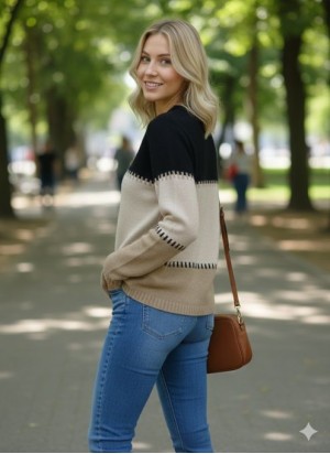 Jersey de Punto Tricolor con Diseño Geométrico en Bloques y Cuello Caja