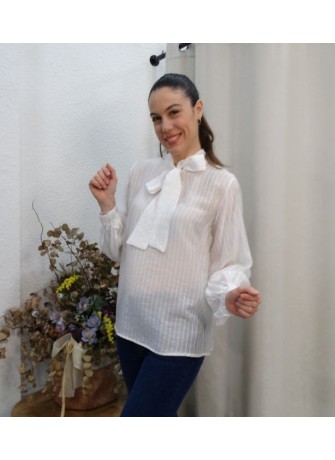 Blusa Blanca con Lazada al Cuello y Rayas Semitransparente | Airemoda