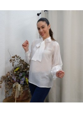 Blusa Blanca con Lazada al Cuello y Rayas Semitransparente | Airemoda