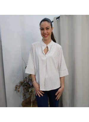 Blusa de Rayas Verticales y Cuello Mao para Mujer | Airemoda