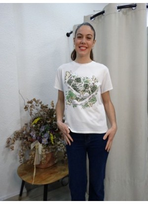 Camiseta Blanca de Mujer-Estampado de Zapatillas de Tela Verdes y Mariposas