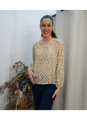 Blusa Beige con Volantes y Estampado de Rombos | Nueva Colección