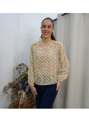 Blusa Beige con Volantes y Estampado de Rombos | Nueva Colección