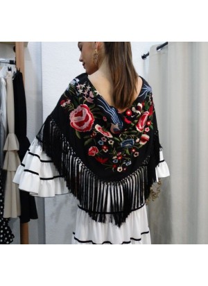 Mantón de Flamenca Negro con Bordado Floral - Moda Flamenca | Airemoda