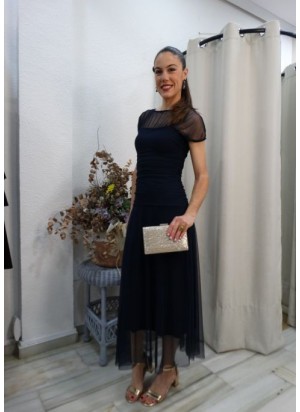 Vestido Midi Azul Marino con Escote de Tul | Colección Fiesta 2026