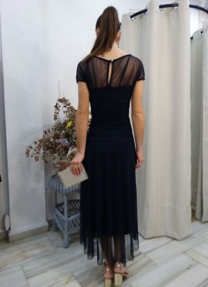 Vestido Midi Azul Marino con Escote de Tul | Colección Fiesta 2026