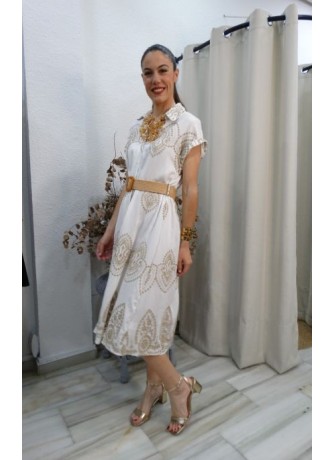 Vestido Camisero Blanco con Bordados Dorados