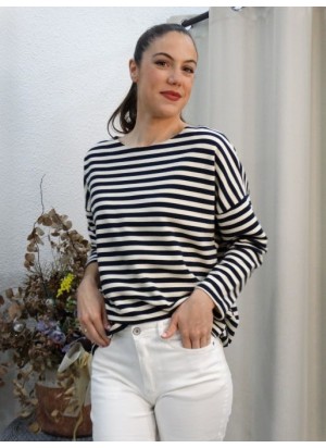 Sudadera De Rayas Horizontales Azul Marino y Beige de Corte Oversize con Cuello Barco