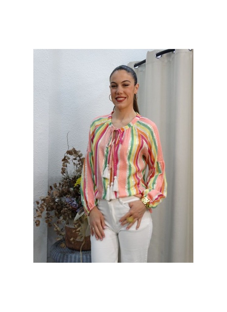 Blusa Boho de Rayas Multicolores con Borlas y Detalles Dorados