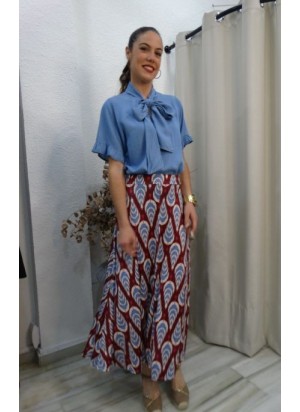 Falda Larga Estampada de Punto Frio en burdeos y azul - Nueva Colección
