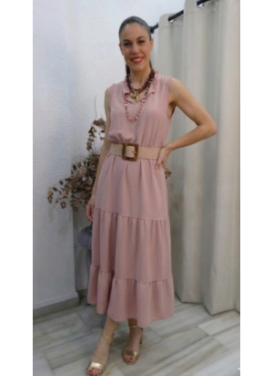 Vestido Midi Rosa Empolvado con Volantes y Cinturón