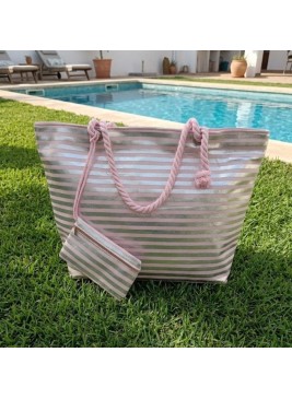 Bolso Playero a Rayas con Asas de Cuerda de Algodón y Neceser a Juego