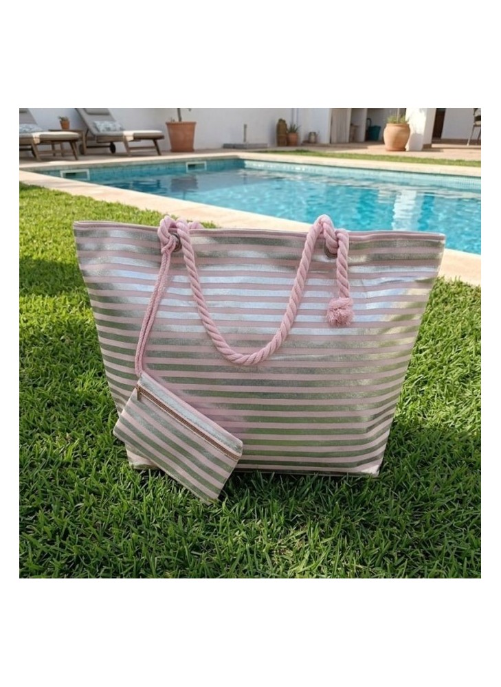 Bolso Playero a Rayas con Asas de Cuerda de Algodón y Neceser a Juego