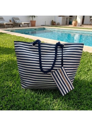 Bolso de Playa a Rayas Metalizadas con Neceser