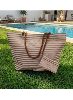 Bolso de Playa a Rayas Metalizadas con Neceser