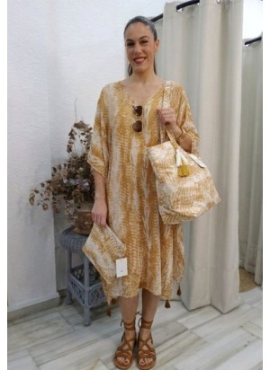 Caftán boho Mostaza y Blanco