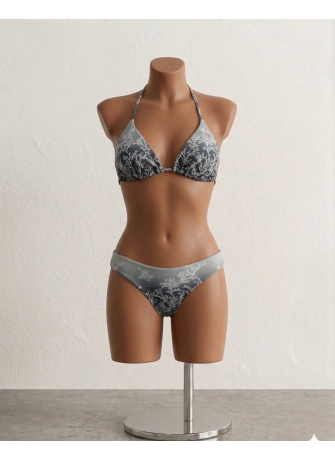 Bikini Triangular Estampado Coral-Gris y Blanco