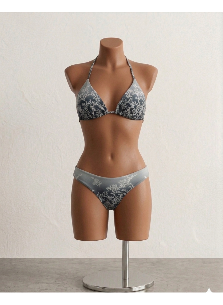 Bikini Triangular Estampado Coral-Gris y Blanco