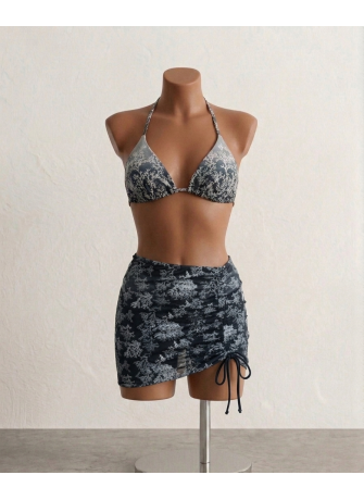 Bikini Triangular Estampado Coral-Gris y Blanco