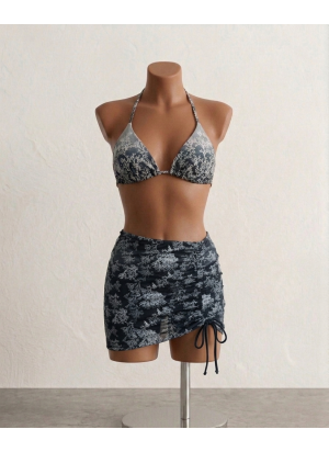 Bikini Triangular Estampado Coral-Gris y Blanco
