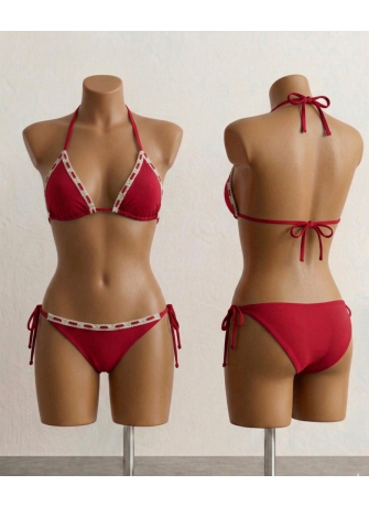 Bikini Color Rojo con Detalles en los Bordes y Lazos Laterales